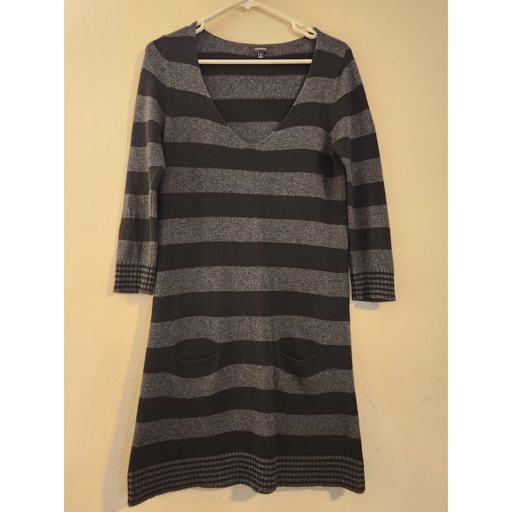 Express Medium Black & Gray V-Neck Striped Sweater Dress Pockets Wool Blend‎ Y2K